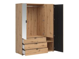Triple Wardrobe Mirrored Bedroom Hallway 3 Door 3 Drawer Shelf Unit Hanging Rail Black and Oak with Slats – Vabres - thumbnail 4
