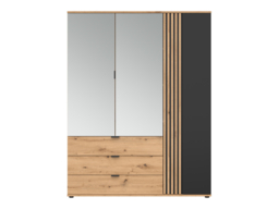 Triple Wardrobe Mirrored Bedroom Hallway 3 Door 3 Drawer Shelf Unit Hanging Rail Black and Oak with Slats – Vabres - thumbnail 2