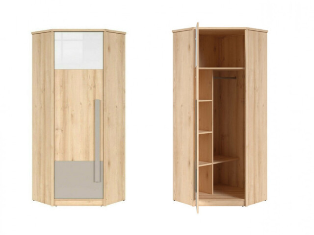 Corner Wardrobe White / Grey Gloss Door Beech Effect with Hanging Rail L Shaped Compact Bedroom Storage - Namek