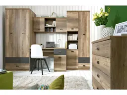 Home Office Set: Desk with Drawer Tall Bookcase Wardrobe Study Children's Room Oak Effect/Grey Urban 280cm-Malcolm