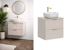 Beige Vanity Unit with Basin 600mm Worktop Countertop Fluted Wall Hung Sink Cabinet – Adel - thumbnail 2