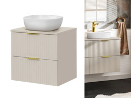 Beige Bathroom Sink Cabinet Vanity Unit with Countertop Basin 600mm Fluted Cashmere Wall Hung Floating Drawers Adel - thumbnail 1