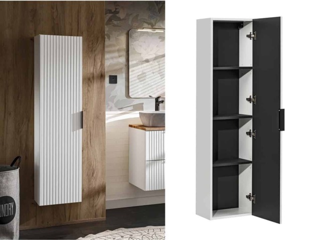 Tall Bathroom Cabinet White Slim Narrow Storage Unit Ribbed Fluted Door Floating Furniture - Adel - image 1