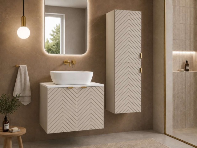 Bathroom Furniture Set Fluted Beige 600mm Vanity Unit with Basin Tall Storage Cabinet White Worktop - Cara - image 1