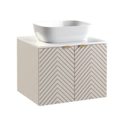 Wall Bathroom Set 600mm Vanity Cabinet and Sink Tall Storage Unit Ribbed Fluted Cashmere Beige White Worktop - Cara - thumbnail 3