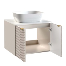 Wall Bathroom Set 600mm Vanity Cabinet and Sink Tall Storage Unit Ribbed Fluted Cashmere Beige White Worktop - Cara - thumbnail 4
