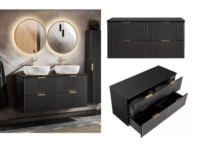 Double Vanity Bathroom Unit 1200mm Countertop Ribbed Textured Black Wall Hung Floating Wall Mounted Cabinet - Adel - image 1