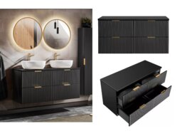 Double Vanity Bathroom Unit 1200mm Countertop Ribbed Textured Black Wall Hung Floating Wall Mounted Cabinet - Adel - thumbnail 1