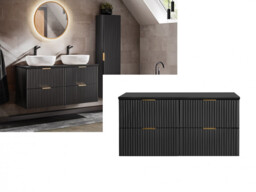 Double Vanity Bathroom Unit 1200mm Countertop Ribbed Textured Black Wall Hung Floating Wall Mounted Cabinet - Adel - thumbnail 2