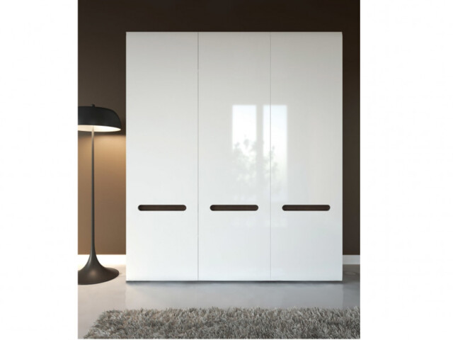 Triple Wardrobe White High Gloss Three Door Hanging Rail Shelves White Gloss / Wenge Dark Wood Effect / Black Gloss inserts - Azteca Trio - image 1
