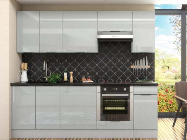Kitchen Cabinets Cupboards 8 Unit DIY Set with Oven Housing 240cm Light Dove Grey Gloss - Star - image 1