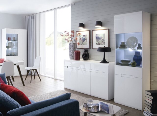 Tall Glass Display Cabinet and Large Sideboard Living Room Furniture Set with LED Lights White Gloss - Azteca - image 1