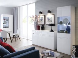 Tall Glass Display Cabinet and Large Sideboard Living Room Furniture Set with LED Lights White Gloss - Azteca