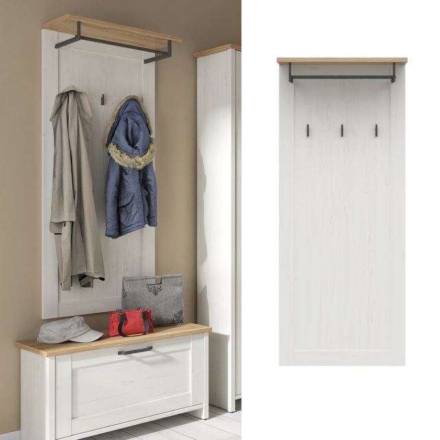 Coat Hooks with Shelf Hallway Wall Panel Hanging Rail Scandi White Pine and Oak Effect - Loksa - image 1