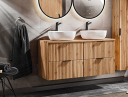 Double Vanity Unit Countertop Wall Hung Floating Bathroom 1200mm Cabinet Fluted Oak 4 Drawers White Sink Basin Adel - thumbnail 3