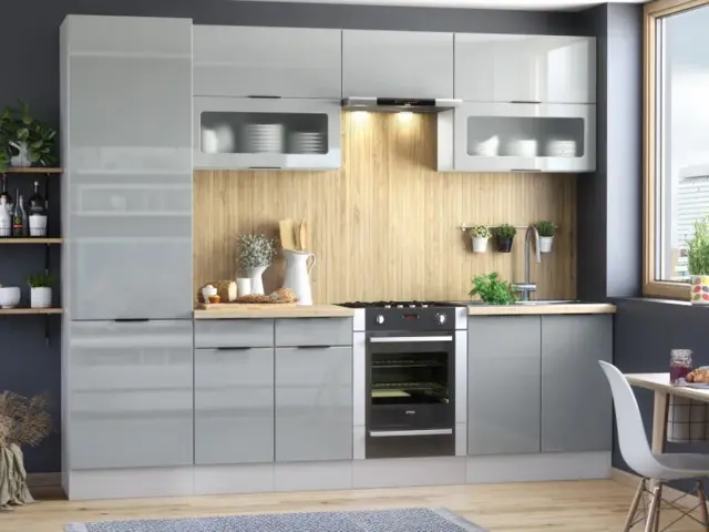 Kitchen Cabinets 7 Unit Set with 600 Larder Cupboard Modern DIY Set 280cm Light Grey Gloss - Star - image 1