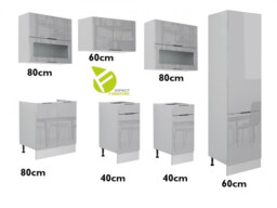 Kitchen Cabinets 7 Unit Set with 600 Larder Cupboard Modern DIY Set 280cm Light Grey Gloss - Star - thumbnail 2