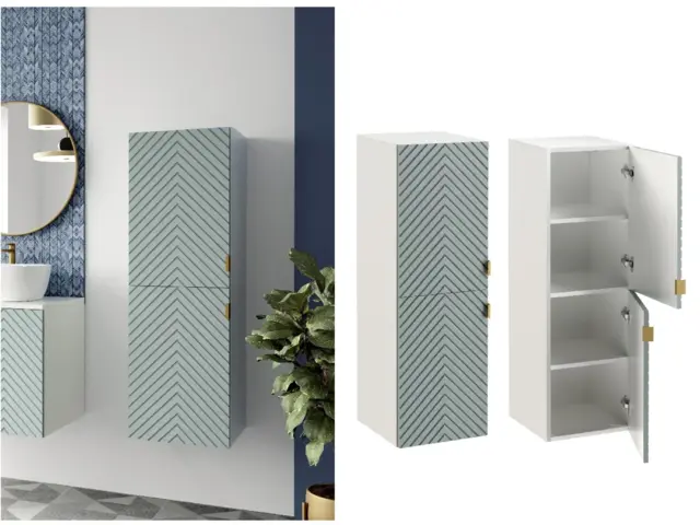 Wall Bathroom Tall Storage Shelving Unit Ribbed Fluted Soft Green Doors with Slim Gold Grab Handles - Cara - image 1