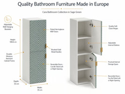 Wall Bathroom Cabinet Tall Storage Shelving Unit Ribbed Fluted Soft Green Brushed Gold Handles - Cara - thumbnail 2