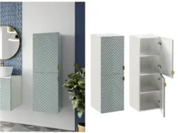 Wall Bathroom Cabinet Tall Storage Shelving Unit Ribbed Fluted Soft Green Brushed Gold Handles - Cara