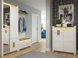 Hallway Cupboard Furniture Set White Gloss Shoe Cabinet Wardrobe Bench Coat Hooks Rail Scandi Oak - Alameda - thumbnail 1