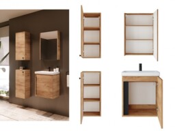 Bathroom Furniture Set: 500mm Vanity Sink Basin Mirror Storage Wall Cabinets Gold Craft Oak – Avir - thumbnail 2