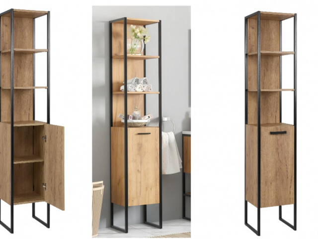 Tall Bathroom Cabinet Shelving Tallboy Unit Oak Finish Black Metal Frame Loft Industrial Style - Brooklyn - image 1
