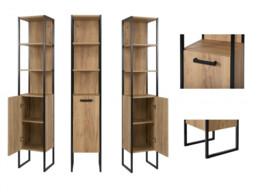Tall Bathroom Cabinet Shelving Tallboy Unit Oak Finish Black Metal Frame Loft Industrial Style - Brooklyn - thumbnail 2