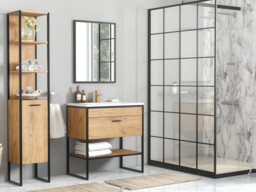 Tall Bathroom Cabinet Shelving Tallboy Unit Oak Finish Black Metal Frame Loft Industrial Style - Brooklyn - thumbnail 3