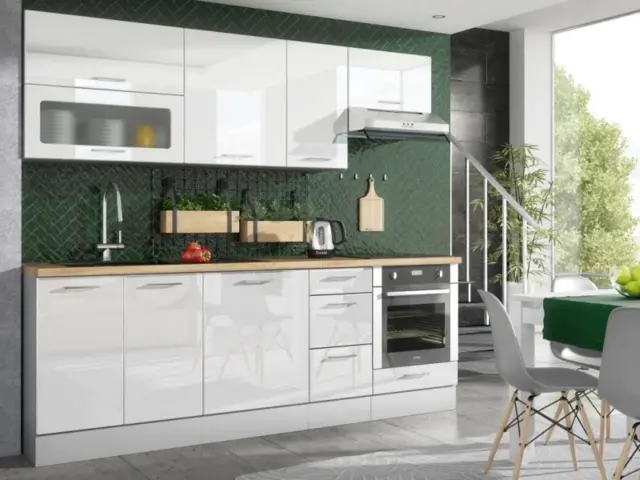 Modern Kitchen Cabinets Cupboards Set of 8 Units with Oven Housing 240cm White High Gloss - Ella - image 1