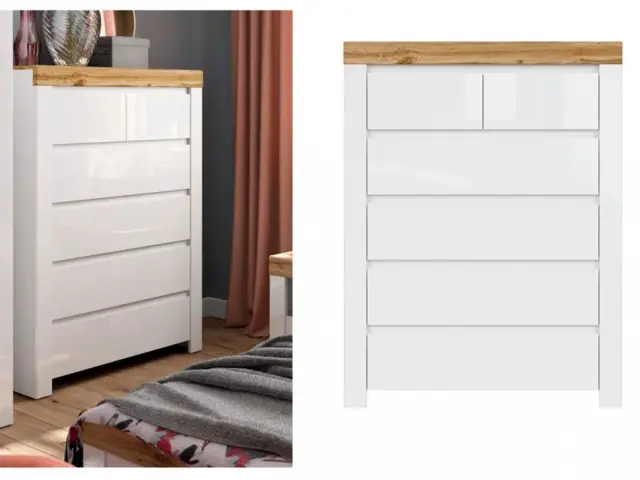Large Chest of Drawers Modern White Gloss Tallboy Bedroom Hallway Lounge Storage Oak Scandi 98.5cm Wide - Holten - image 1