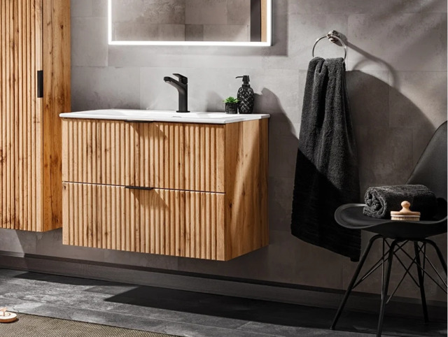 Bathroom Vanity Unit with Basin 600mm Oak Effect Wall Hung Floating Cabinet Ribbed Fluted Drawers Storage - Adel - image 1