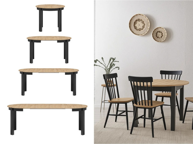 Round Extendable Dining Table Oval Oak Effect Black Legs Kitchen 4 to 12 Seater Extending 105cm to 240cm – Indus - image 1