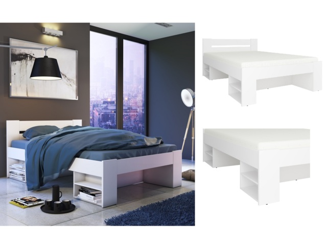 White Double Bed Frame with Storage Shelves 140cm Euro Solid Wood Slats - Nepo - image 1