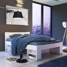 White Double Bed Frame with Storage Shelves 140cm Euro Solid Wood Slats - Nepo - thumbnail 2