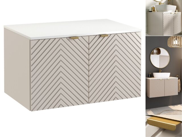 Bathroom Vanity Unit with White Countertop 800mm Herringbone Fluted Cashmere Beige Floating Cabinet - Cara - image 1