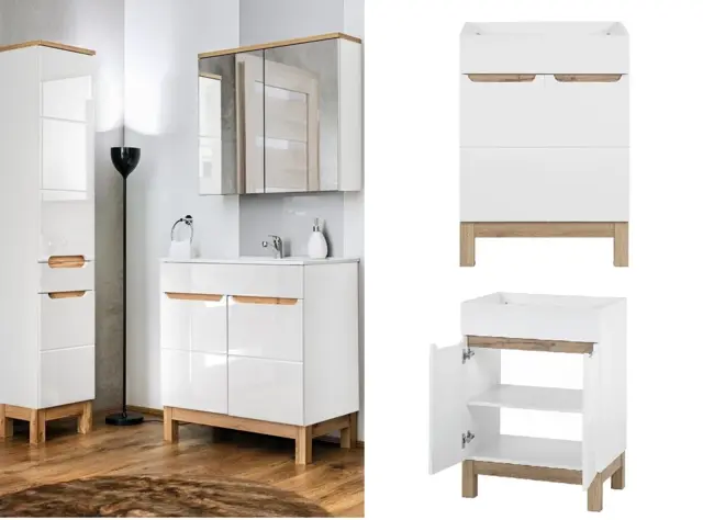Freestanding Vanity Unit Bathroom Cabinet with Doors Floor Standing Sink Unit 600mm White Gloss and Oak - Bali - image 1