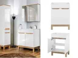 Freestanding Vanity Unit Bathroom Cabinet with Doors Floor Standing Sink Unit 600mm White Gloss and Oak - Bali - thumbnail 1