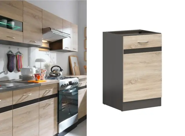 500mm Kitchen Base Unit Cabinet Right Door 50cm Cupboard Dark Wood Wenge and Light Oak Effect - Junona - image 1