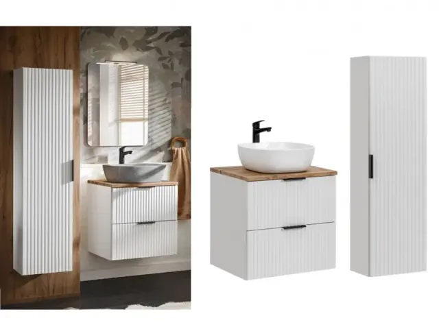 Bathroom 600mm White Vanity Units Oak Effect Countertop + Sink Ribbed Textured Floating - Adel - image 1