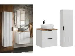 Bathroom 600mm White Vanity Units Oak Effect Countertop + Sink Ribbed Textured Floating - Adel