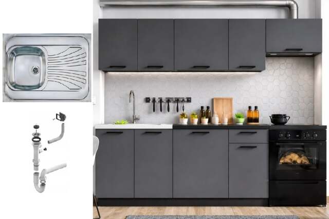 Kitchen Cabinets 7 Unit Fitted Kitchenette with Sink Dark Grey Cupboards Black Worktop Complete 240cm Set - Lina - image 1
