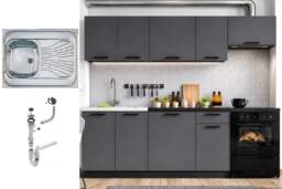 Kitchen Cabinets 7 Unit Fitted Kitchenette with Sink Dark Grey Cupboards Black Worktop Complete 240cm Set - Lina