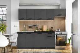 Kitchen Cabinets 7 Unit Fitted Kitchenette with Sink Dark Grey Cupboards Black Worktop Complete 240cm Set - Lina - thumbnail 2
