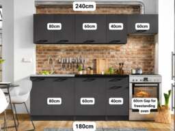 Kitchen Cabinets 7 Unit Fitted Kitchenette with Sink Dark Grey Cupboards Black Worktop Complete 240cm Set - Lina - thumbnail 3