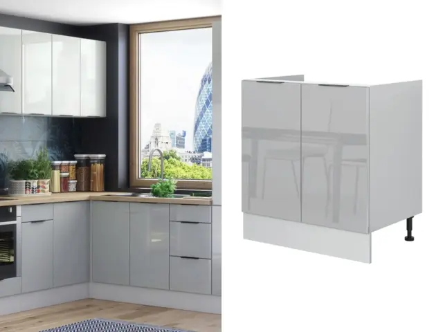 Kitchen Cabinet 800mm Base Unit Freestanding Storage Cupboard Light Grey Gloss - Star - image 1