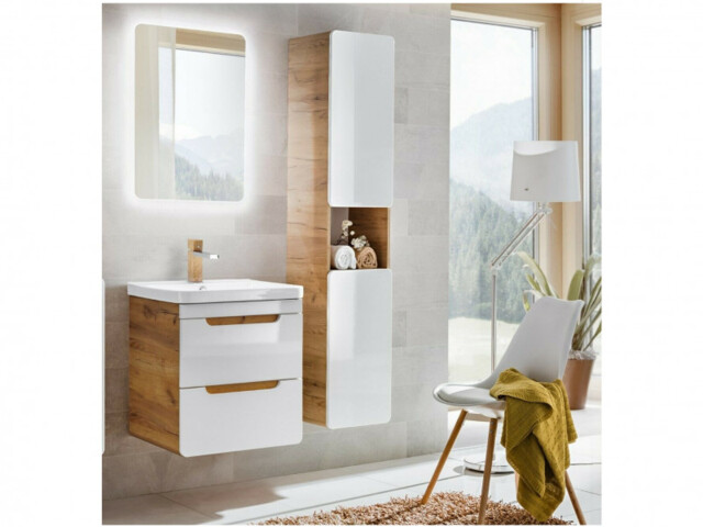 Bathroom Furniture Set: Wall Hung Vanity 500mm Ceramic Sink Tall Shelving Unit White Gloss Oak 3 Piece - Aruba - image 1
