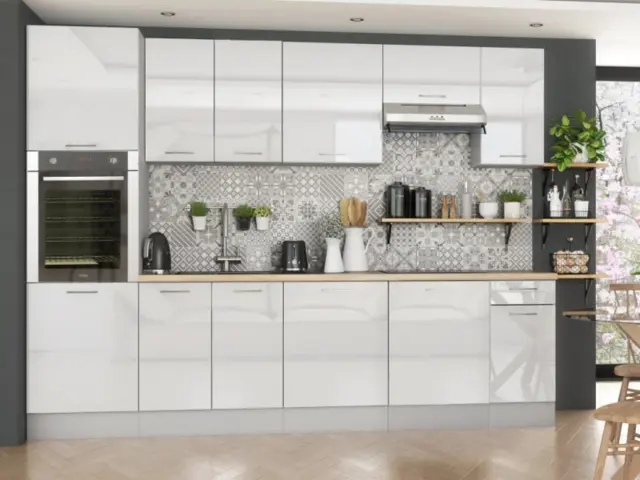 Kitchen Cabinets 9 Unit Scandi Cupboards Tall Oven Housing Set 300cm White High Gloss - Ella - image 1