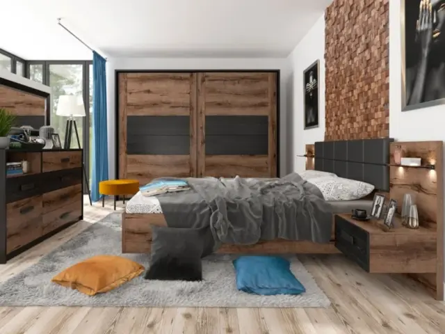 Super King Size Bedroom Furniture Set Bed Bedside Cabinets Sideboard Sliding Wardrobe LED Lights Oak Black - Kassel - image 1