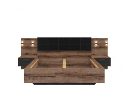 Super King Size Bedroom Furniture Set Bed Bedside Cabinets Sideboard Sliding Wardrobe LED Lights Oak Black - Kassel - thumbnail 2